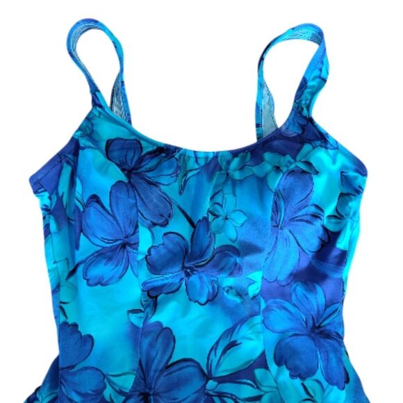 Vintage Turquoise Blue Floral One Piece Mod Swimdress Size 16 *Fits like Large - Picture 3 of 13